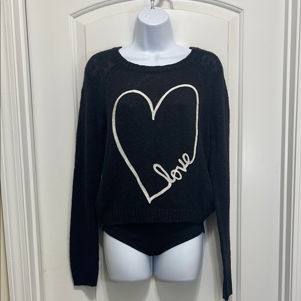 SO Black and White Crew Neck Sweater with Heart Design